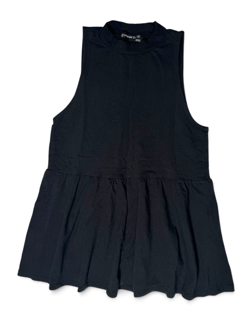 Popular 21 Black High Neck Ruffle Hem Sleeveless Top- Small